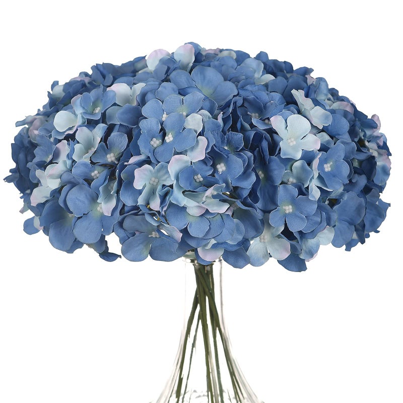 LUSHIDI Silk Hydrangea Heads with Stems Artificial Flowers Heads for Home Wedding Decor Pack of 10 (Sky Blue) - Image 1